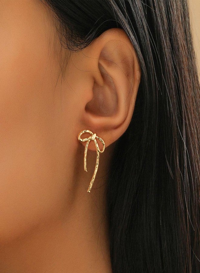 Moodear Gold Bow Earrings Ribbon BowStud Earrings for Women Trendy 14K Gold Plated - Cute Long Thin Big Bowknot Statement Earrings Dainty Jewelry Gifts for Women - Image 2